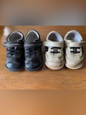 2 pairs Jack & Lily shoes 30 - 36 Month boy Gold Leandre & Black Dexter sneakers